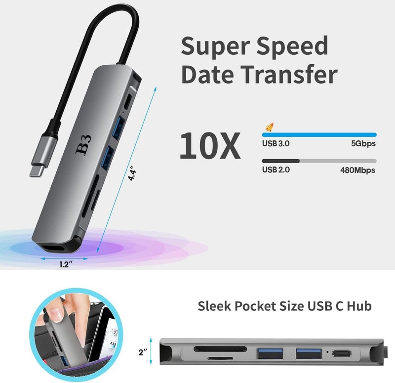 BIGTHREE USB C Hub 6-in-1 Multi-Port Adapter with 4K@60Hz HDMI, 100W PD, 2 USB A Data Ports, and SD/TF Card Reader – Aluminum Type-C Hub for MacBook Air/Pro M1/M2, iPhone 17 Pro Max, Surface Go, XPS, iPad - Image 4